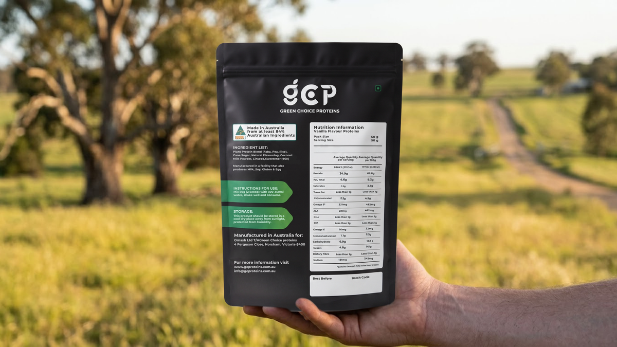 GC Proteins pouch showing its Made in Australia badge against an Australian farmland backdrop