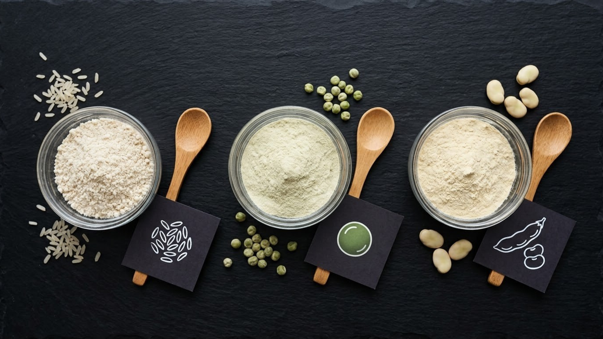 Three small dishes of rice, pea and faba bean protein powder side by side for comparison