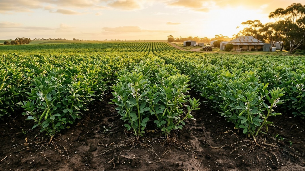 Golden-hour photograph of a healthy Australian faba bean field