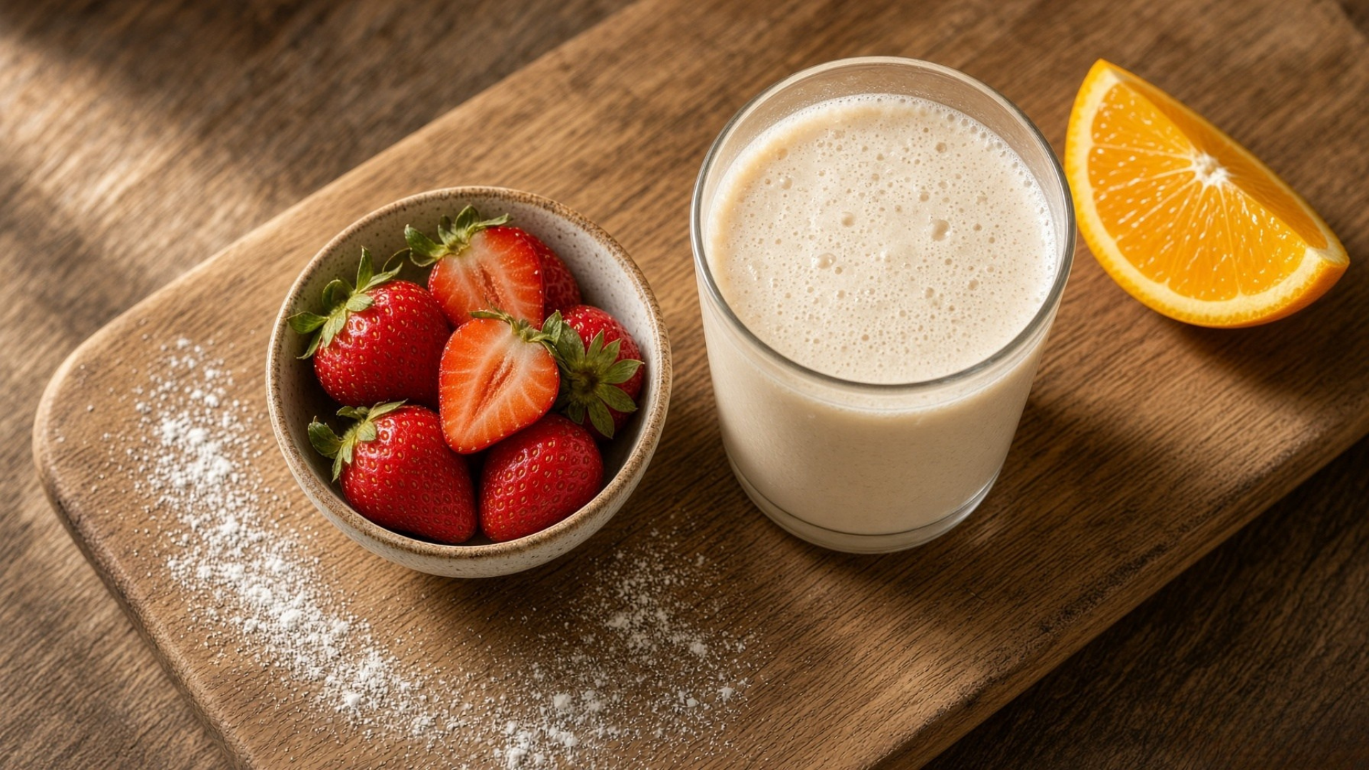 Vanilla protein shake beside strawberries and orange to illustrate vitamin C pairing for iron absorption