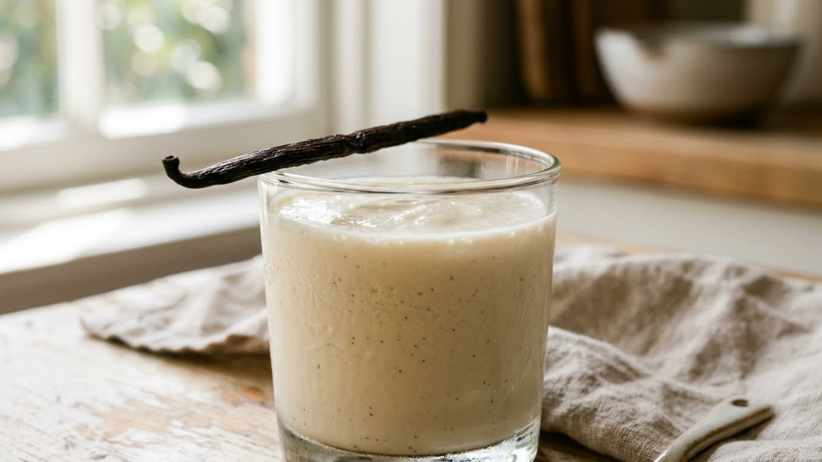 Glass of vanilla protein shake with a fresh vanilla bean pod resting on the rim