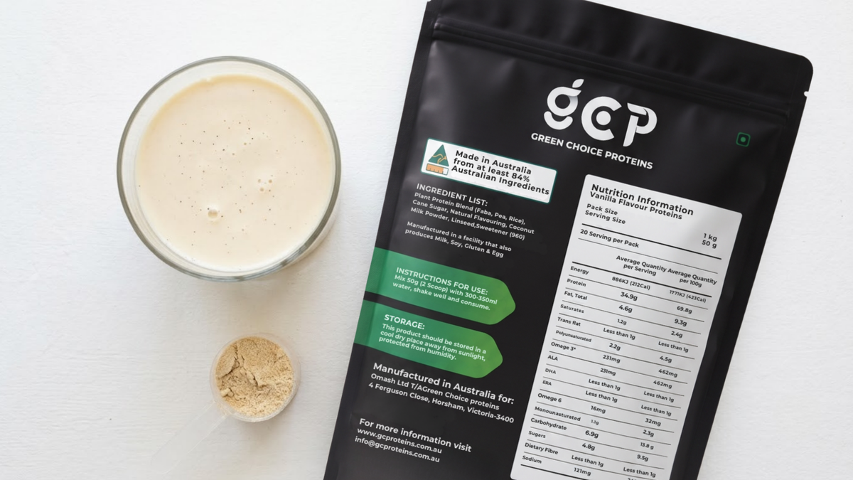 Vanilla protein shake beside the GC Proteins pouch showing its nutrition panel