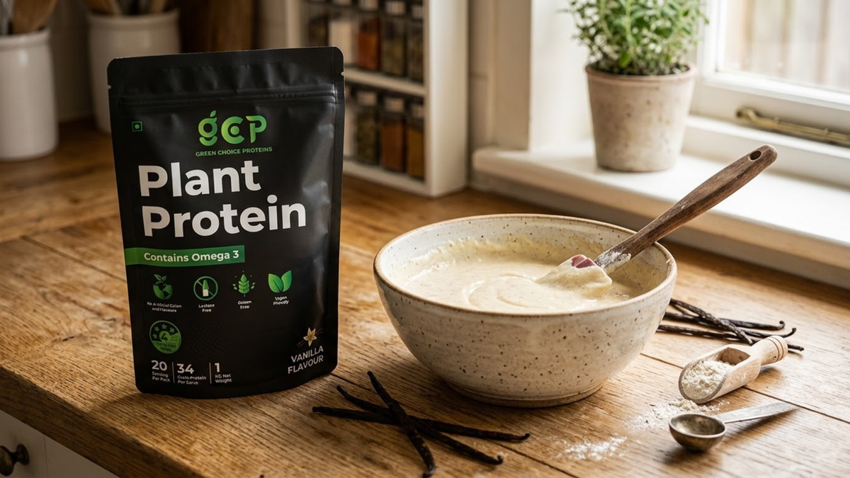 GC Proteins Vanilla pouch beside a mixing bowl of batter, showing recipe versatility