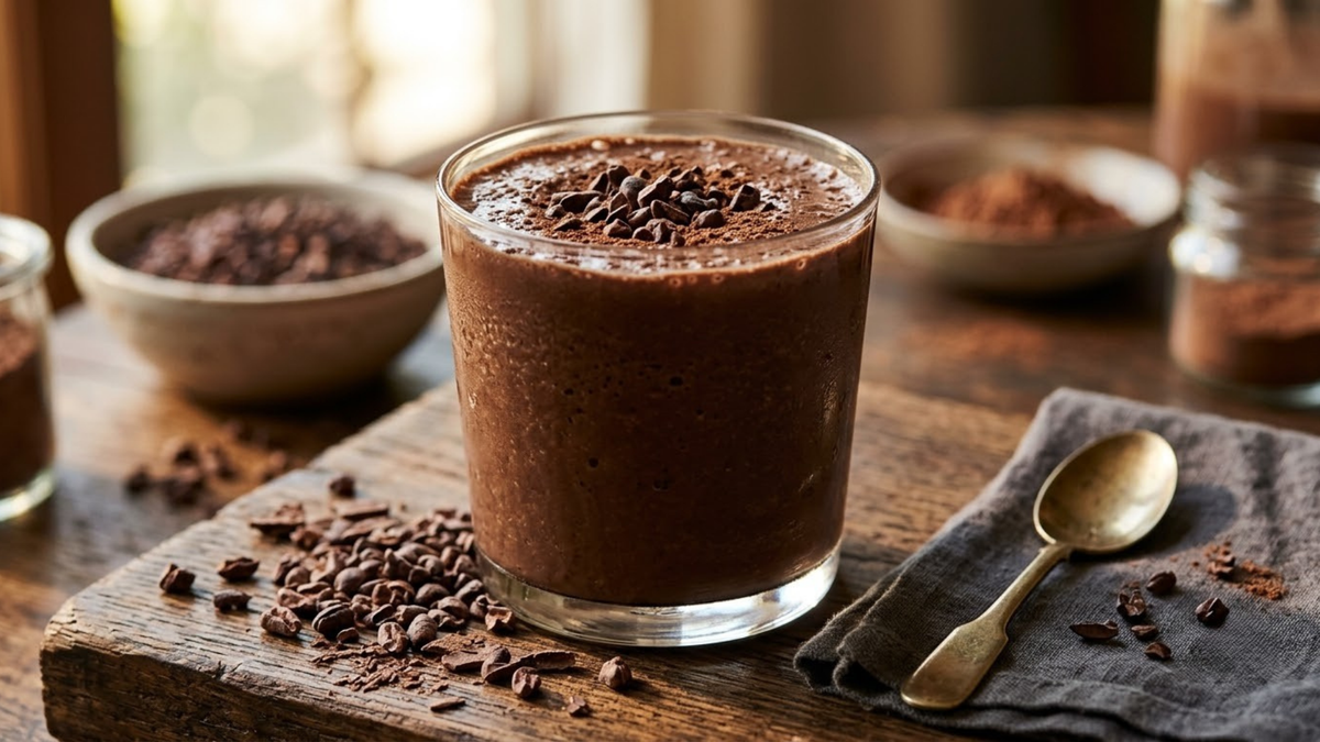 Glass of chocolate protein shake with real cocoa nibs scattered around it