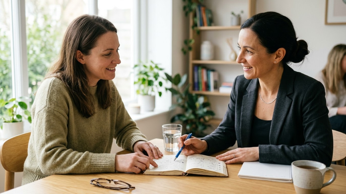 Person reviewing a food diary with a dietitian in a bright consultation setting
