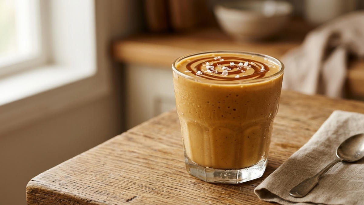 Glass of salted caramel protein shake with visible sea salt flakes on top