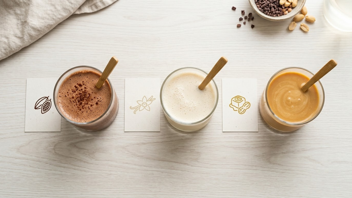 Three GC Proteins flavour shakes arranged for a taste test comparison
