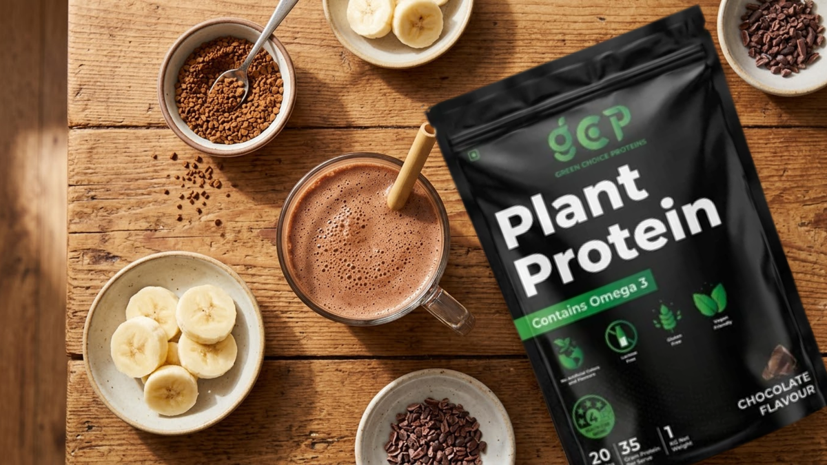 Chocolate protein shake surrounded by mix-in ingredients like coffee and banana