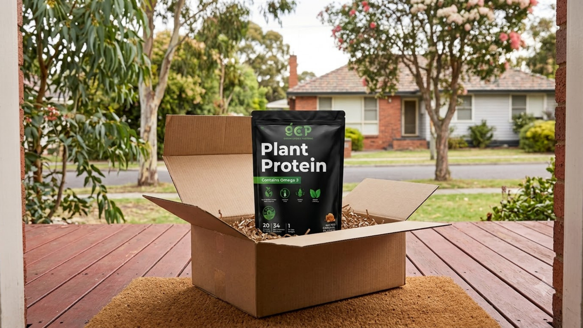 Parcel with a GC Proteins pouch delivered to a suburban doorstep