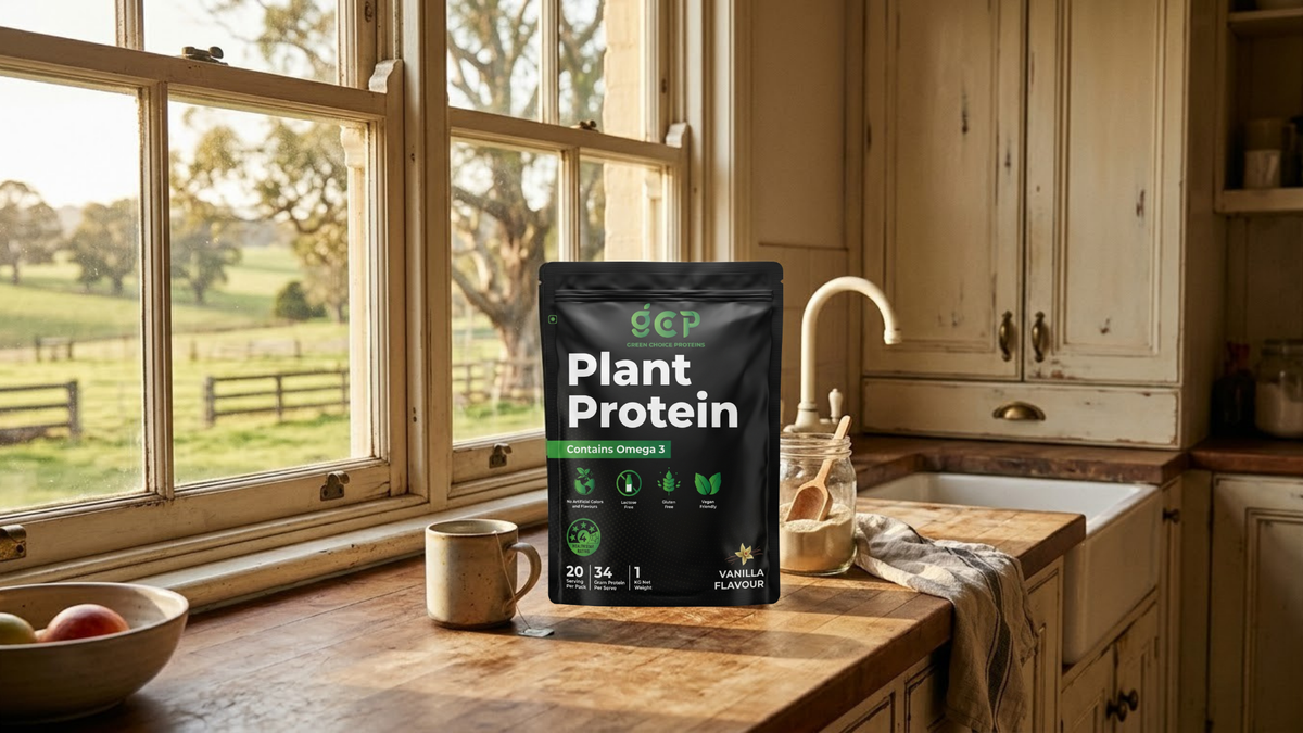 GC Proteins Vanilla pouch on a kitchen counter with rural Victorian paddocks visible through the window