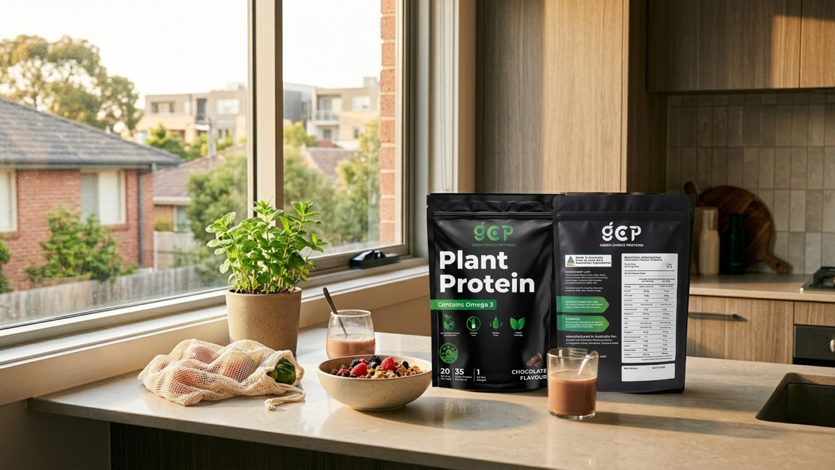 GC Proteins Chocolate pouch on a kitchen counter in a bright Melbourne apartment