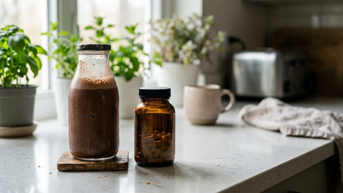 Chocolate protein shake beside a generic vitamin bottle on a kitchen counter