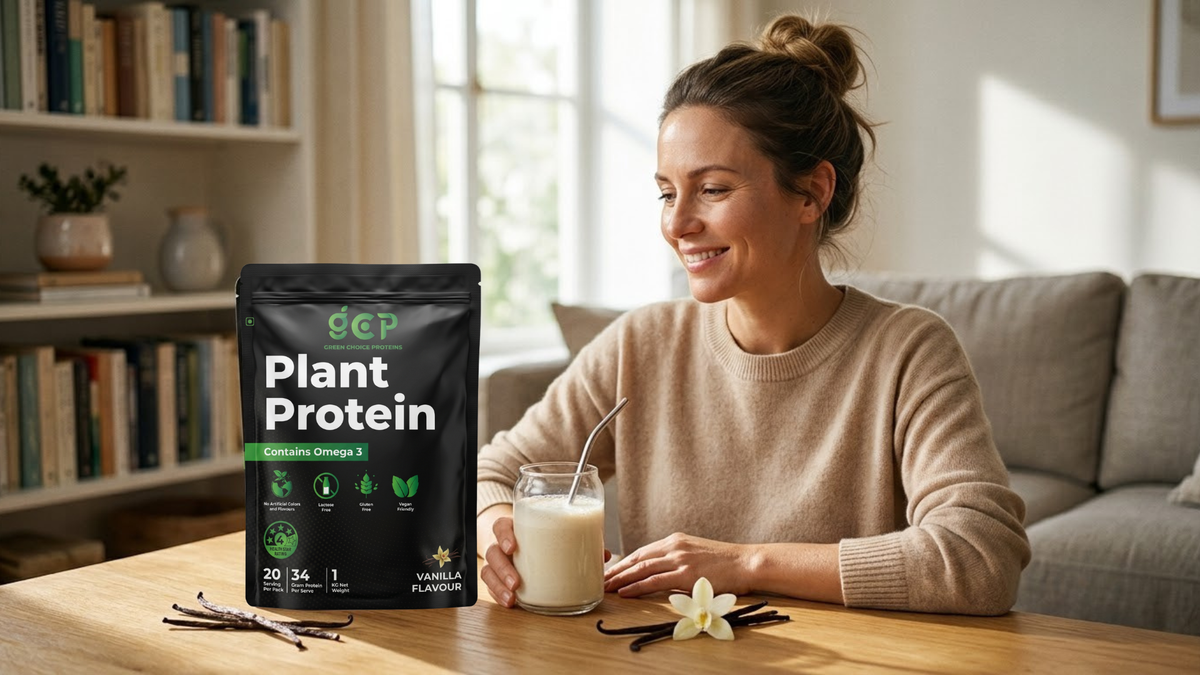 Person sitting comfortably with a vanilla protein shake, calm and reassuring mood 