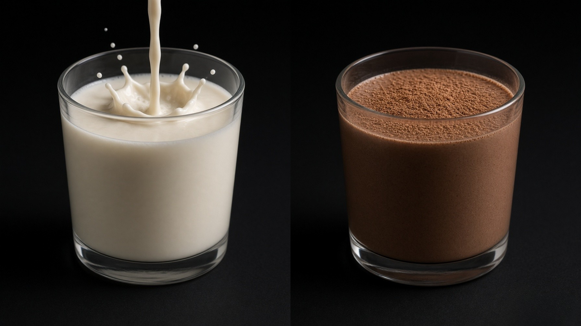 Side-by-side glasses comparing a whey shake and a GC Proteins chocolate plant protein shake