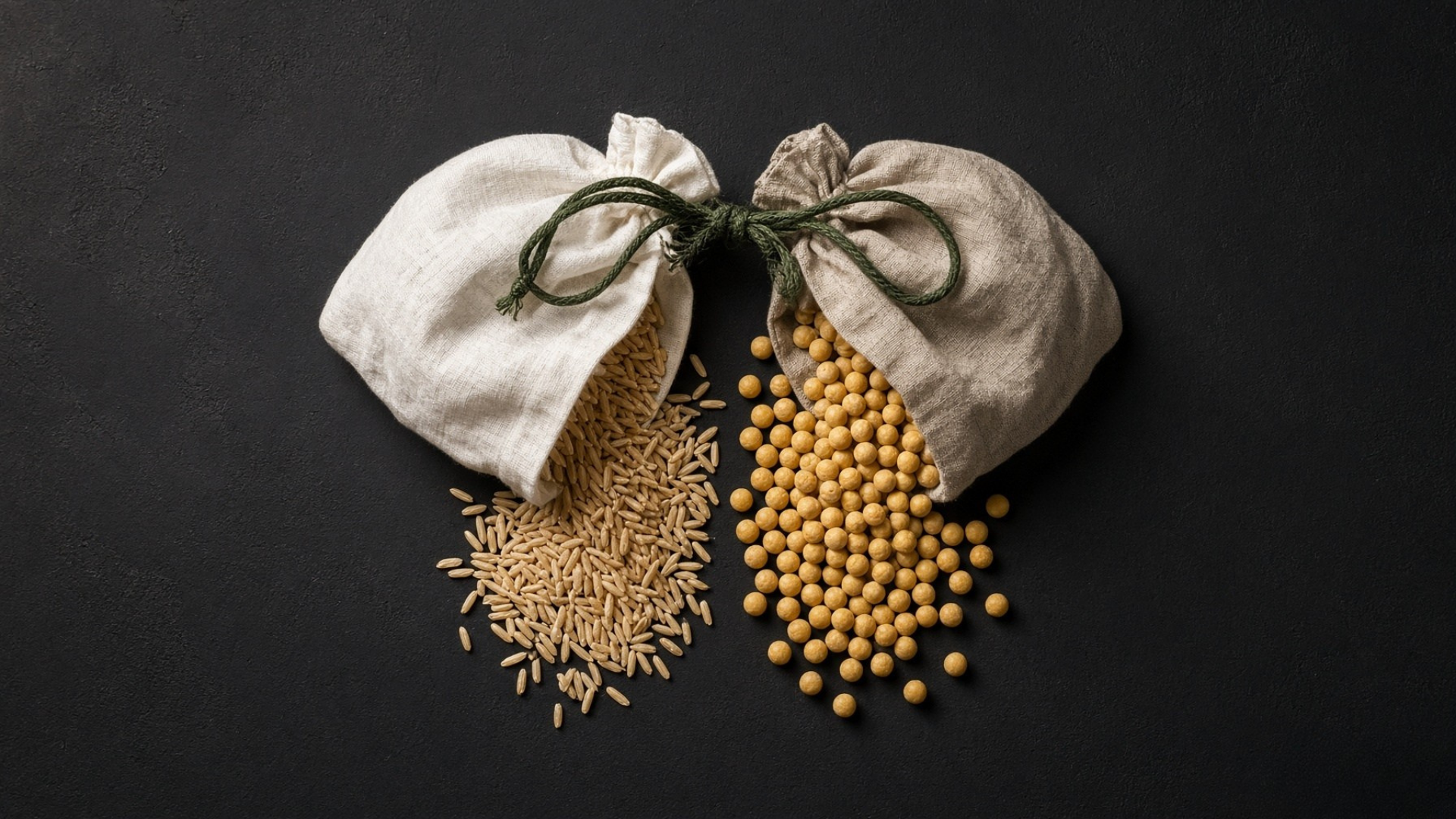Brown rice and pea ingredients arranged together to represent their complementary blend