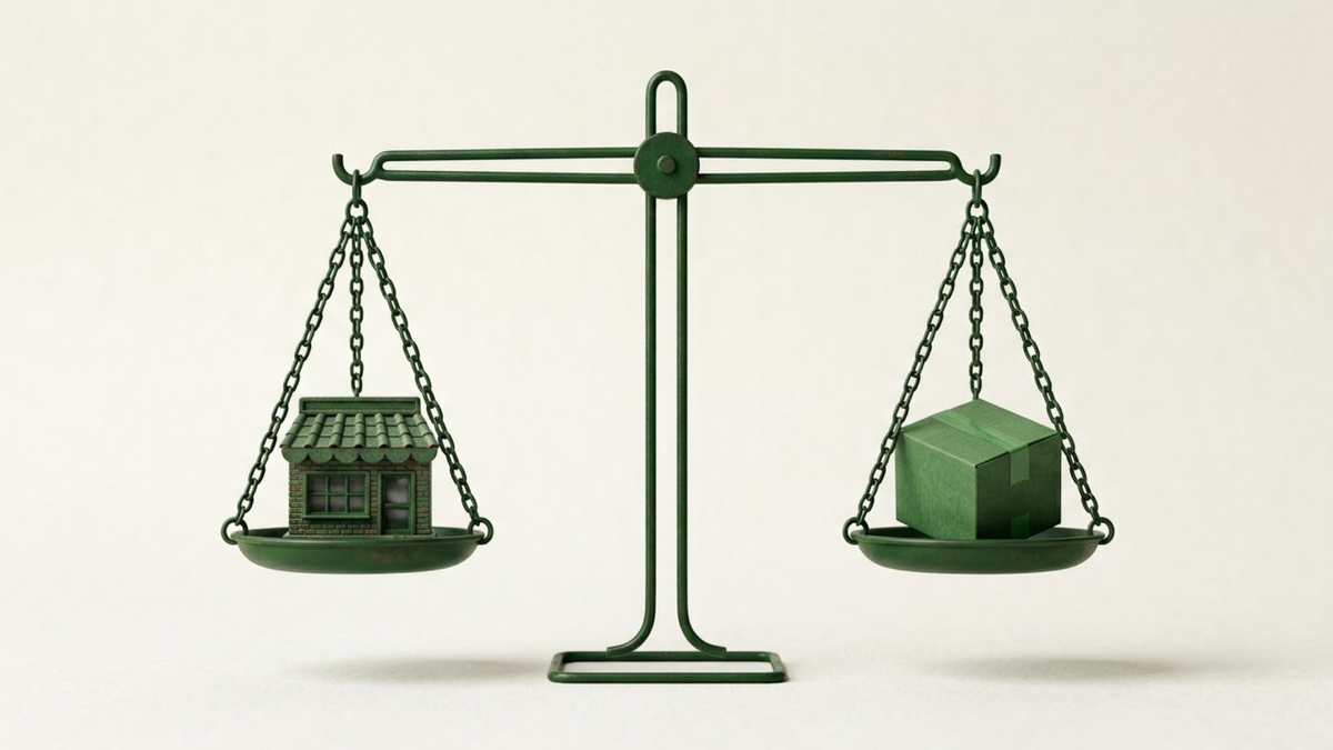 Balance scale graphic comparing in-store retail and direct online buying 