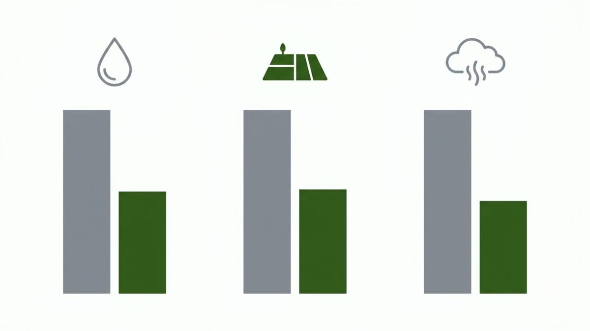 Three-column comparison graphic showing water, land and emissions differences between dairy and plant protein