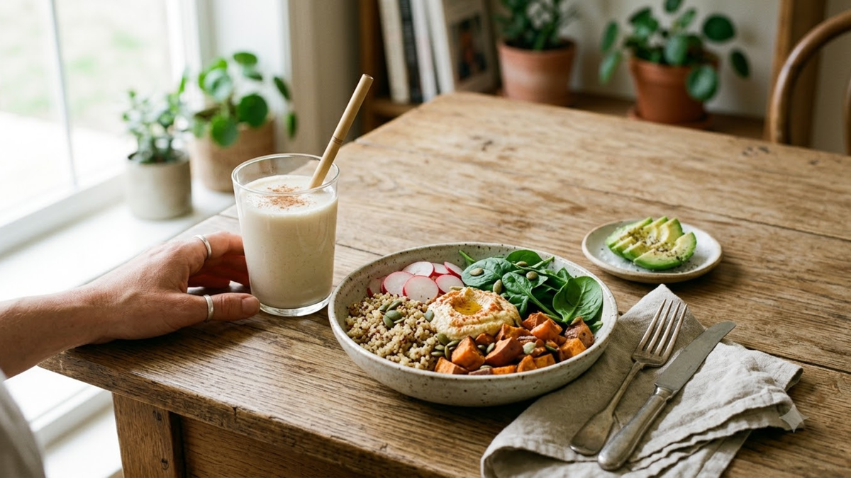 Simple vegetarian meal setting with fresh vegetables and a vanilla protein shake