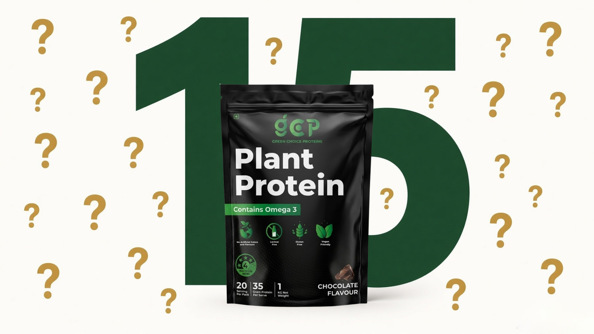 FAQ hub graphic showing the number 15 surrounded by question marks with a GC Proteins pouch in front