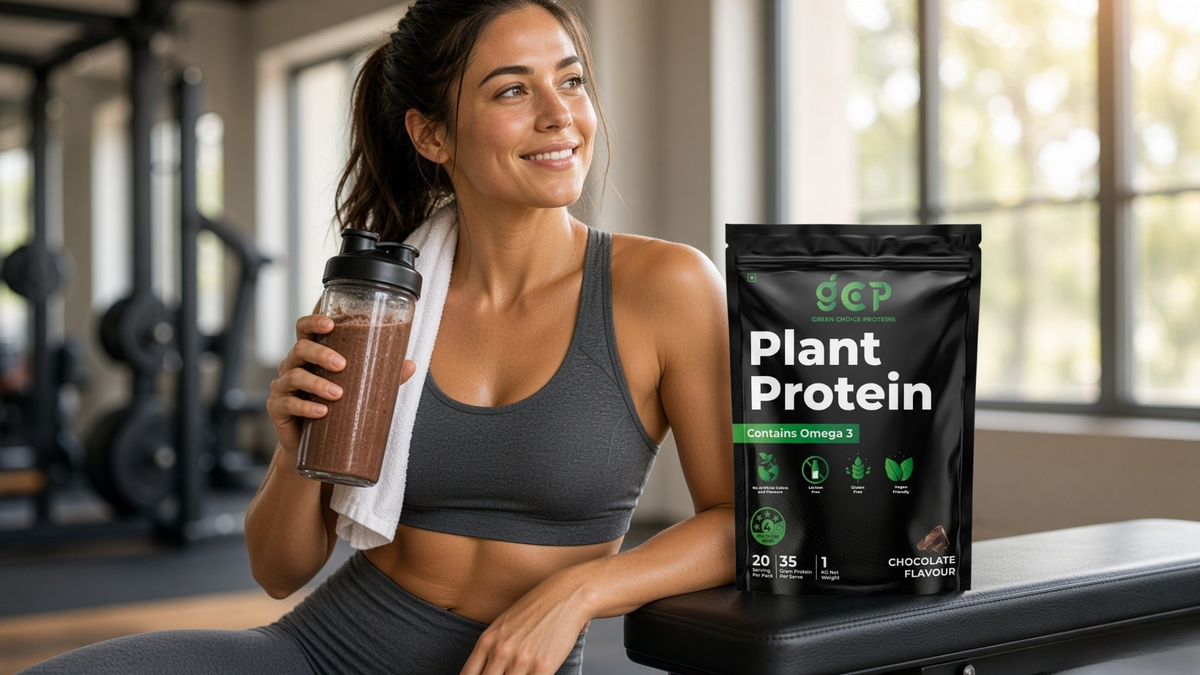 Athletic woman finishing a workout holding a GC Proteins chocolate shake