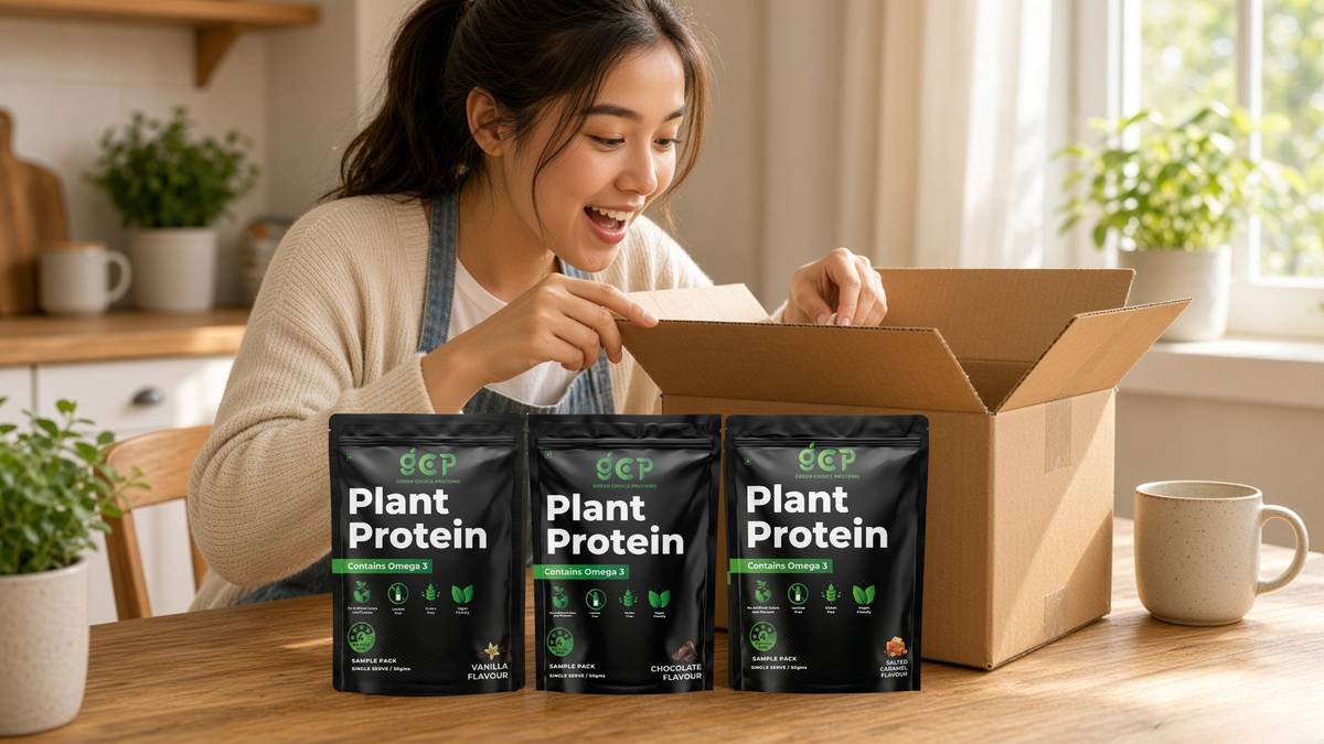 Young adult opening a GC Proteins Sample Pack for the first time at a kitchen table