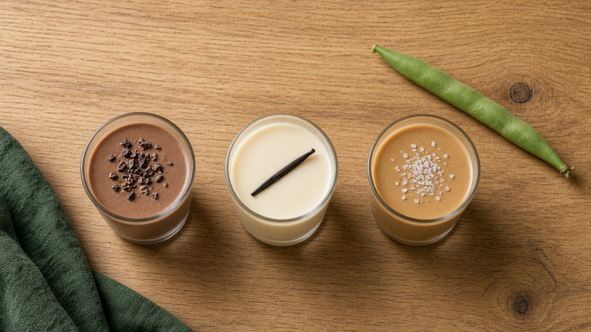 Three small tasting glasses of GC Proteins chocolate, vanilla and salted caramel shakes on a wooden bench