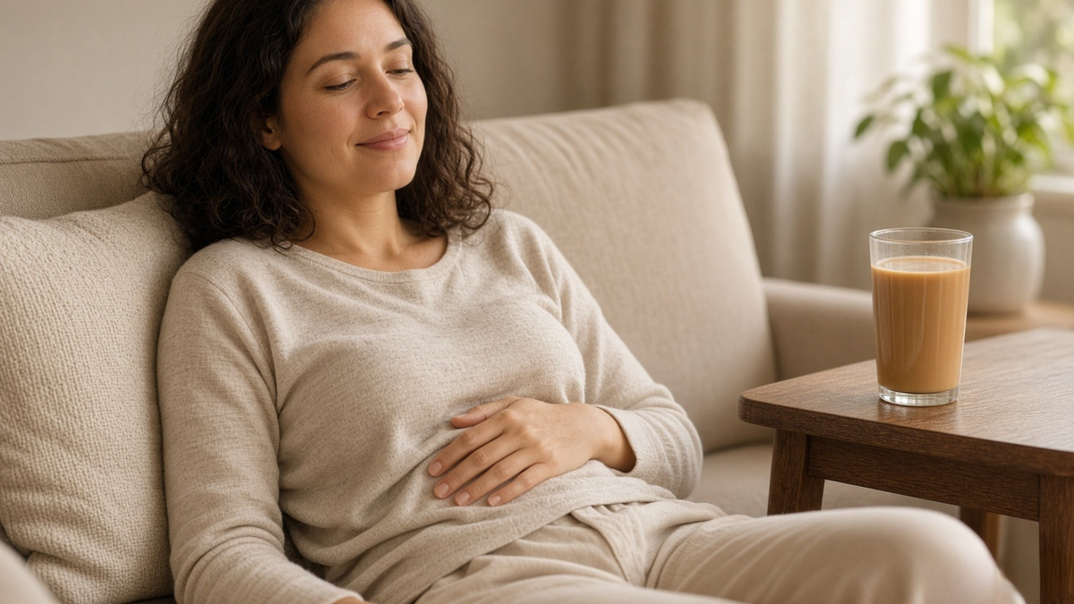 Person relaxed on a couch with a hand on their stomach and a salted caramel protein shake nearby