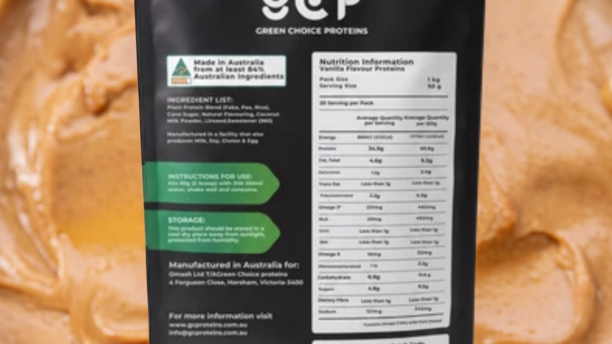 Full nutrition information panel on the back of a GC Proteins pouch