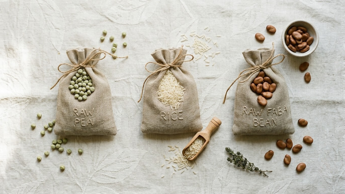 Three dishes of rice, pea and faba bean protein powder for a sensitive-stomach comparison