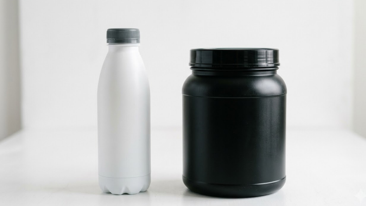  Fair, unbranded comparison between a clinical nutrition drink and a protein powder tub 
