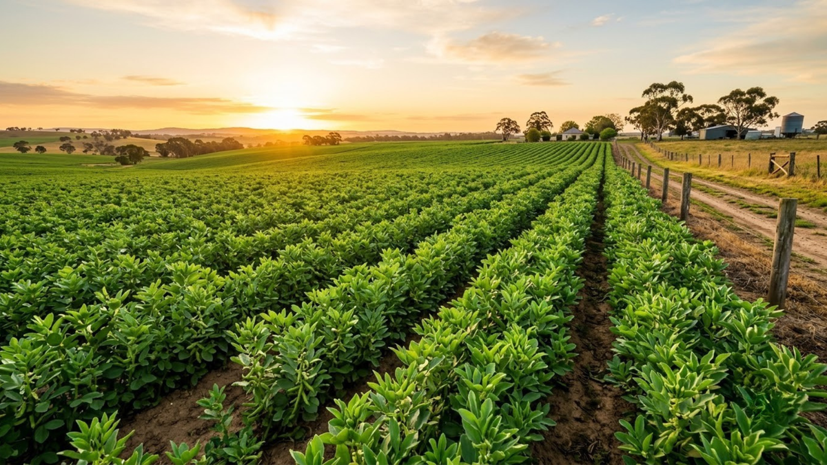 Golden-hour photograph of a healthy Australian faba bean field 