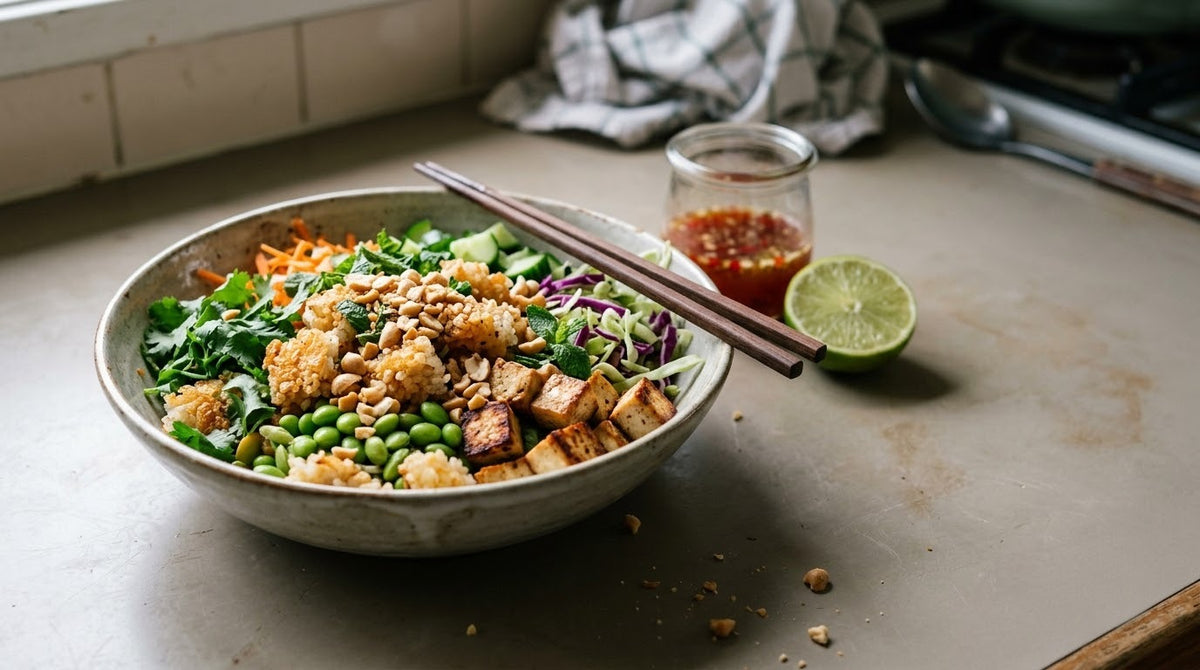 Bowl of crispy rice salad with crisp tofu, edamame, cucumber, carrot, cabbage, herbs and peanuts beside a jar of lime-chilli dressing