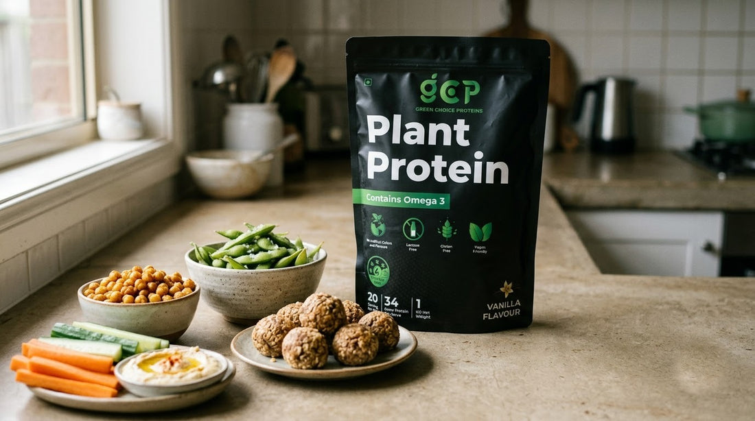 Vegan snack board with roasted chickpeas, edamame, protein balls, veggie sticks and hummus beside a Green Choice Proteins Vanilla pouch