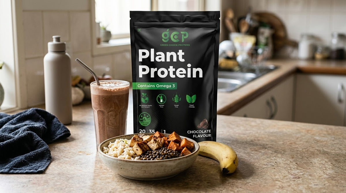 Chocolate plant protein shake and a rice, tofu and lentil bowl on a kitchen bench beside a Green Choice Proteins Chocolate pouch