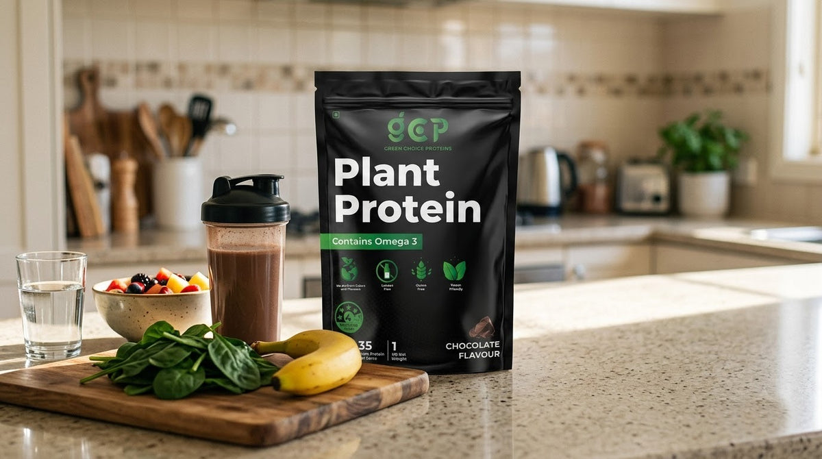 Plant protein shake in a shaker bottle with fruit, spinach and a Green Choice Proteins Chocolate pouch on a kitchen bench